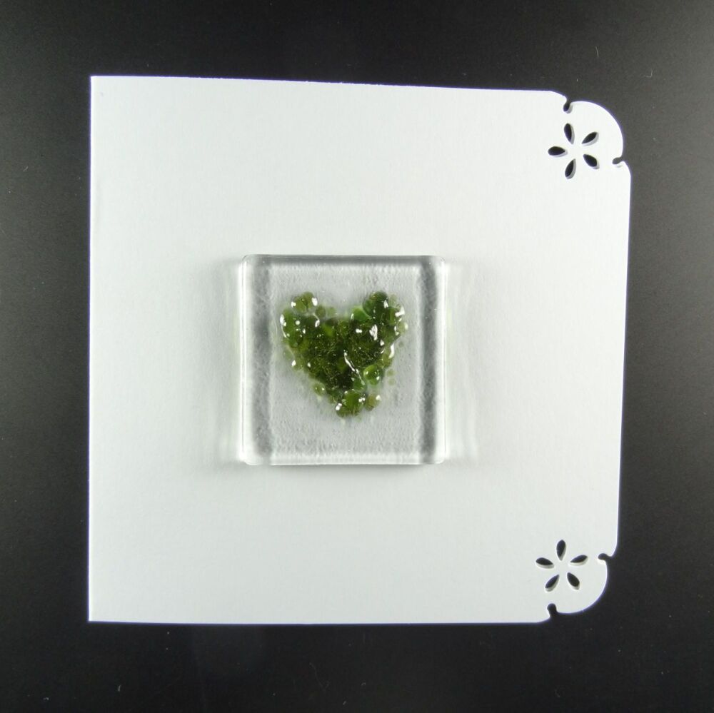 Handcrafted fused glass art greeting card, any occasion ~ green heart ~ 4x4 inch card, 1.5 inch (+/-) glass (#651)