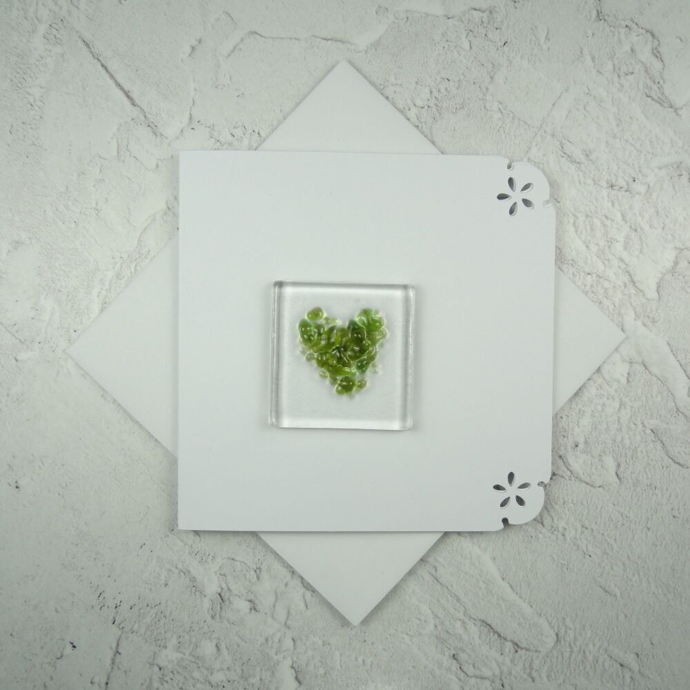 Handcrafted fused glass art greeting card, any occasion ~ green heart ~ 4x4 inch card, 1.5 inch (+/-) glass (#651)