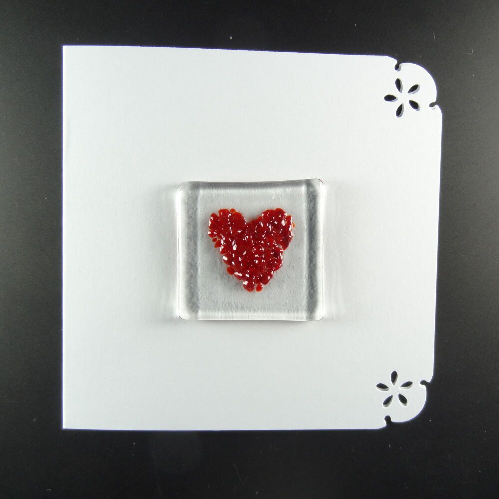 Handcrafted fused glass art greeting card, any occasion ~ red heart ~ 4x4 inch card, 1.5 inch (+/-) glass (#642)