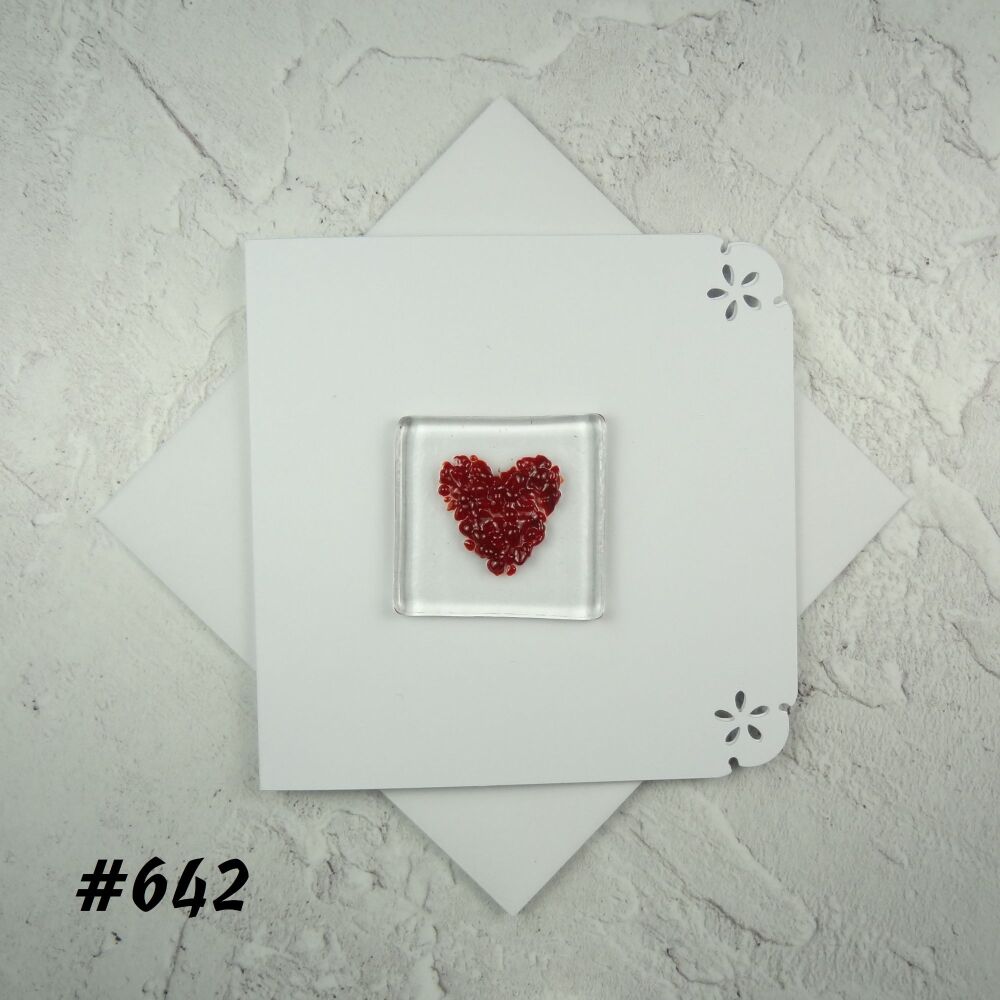 Handcrafted fused glass art greeting card, any occasion ~ red heart ~ 4x4 inch card, 1.5 inch (+/-) glass (#642)