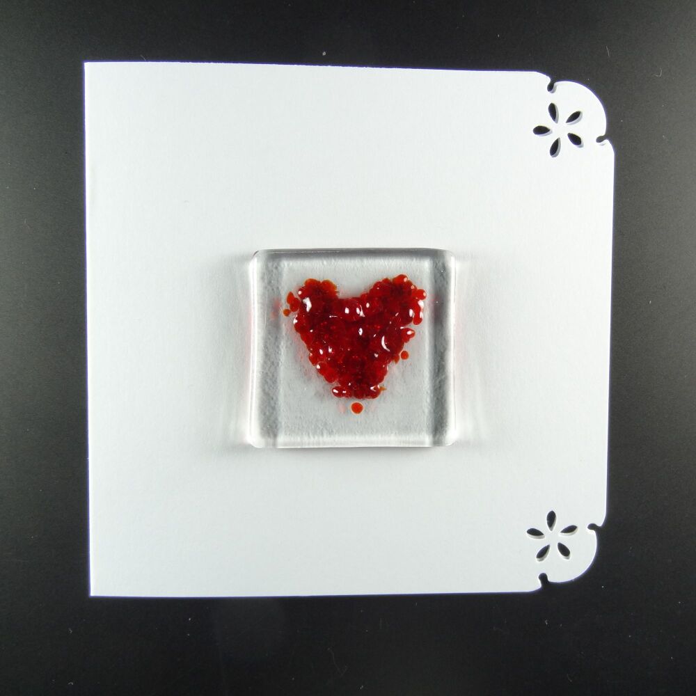 Handcrafted fused glass art greeting card, any occasion ~ red heart ~ 4x4 inch card, 1.5 inch (+/-) glass (#646)