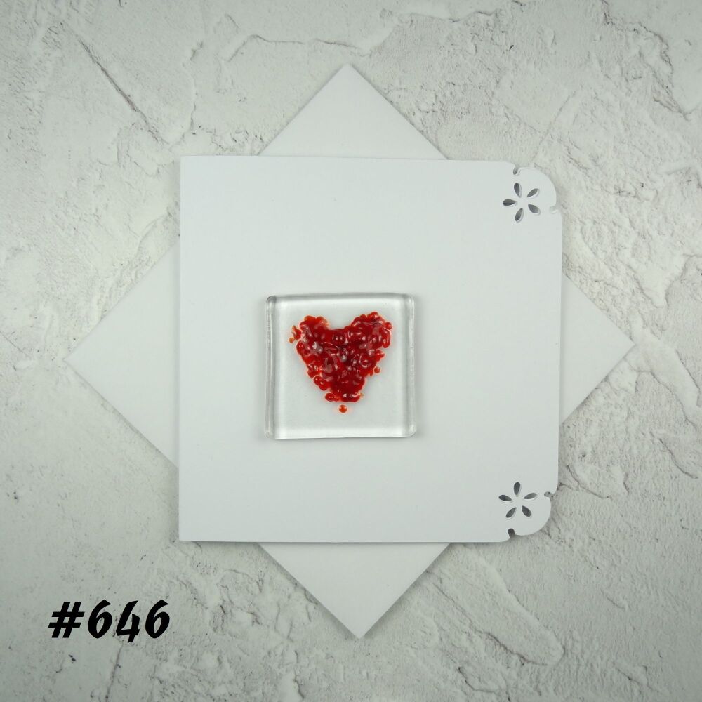 Handcrafted fused glass art greeting card, any occasion ~ red heart ~ 4x4 inch card, 1.5 inch (+/-) glass (#646)