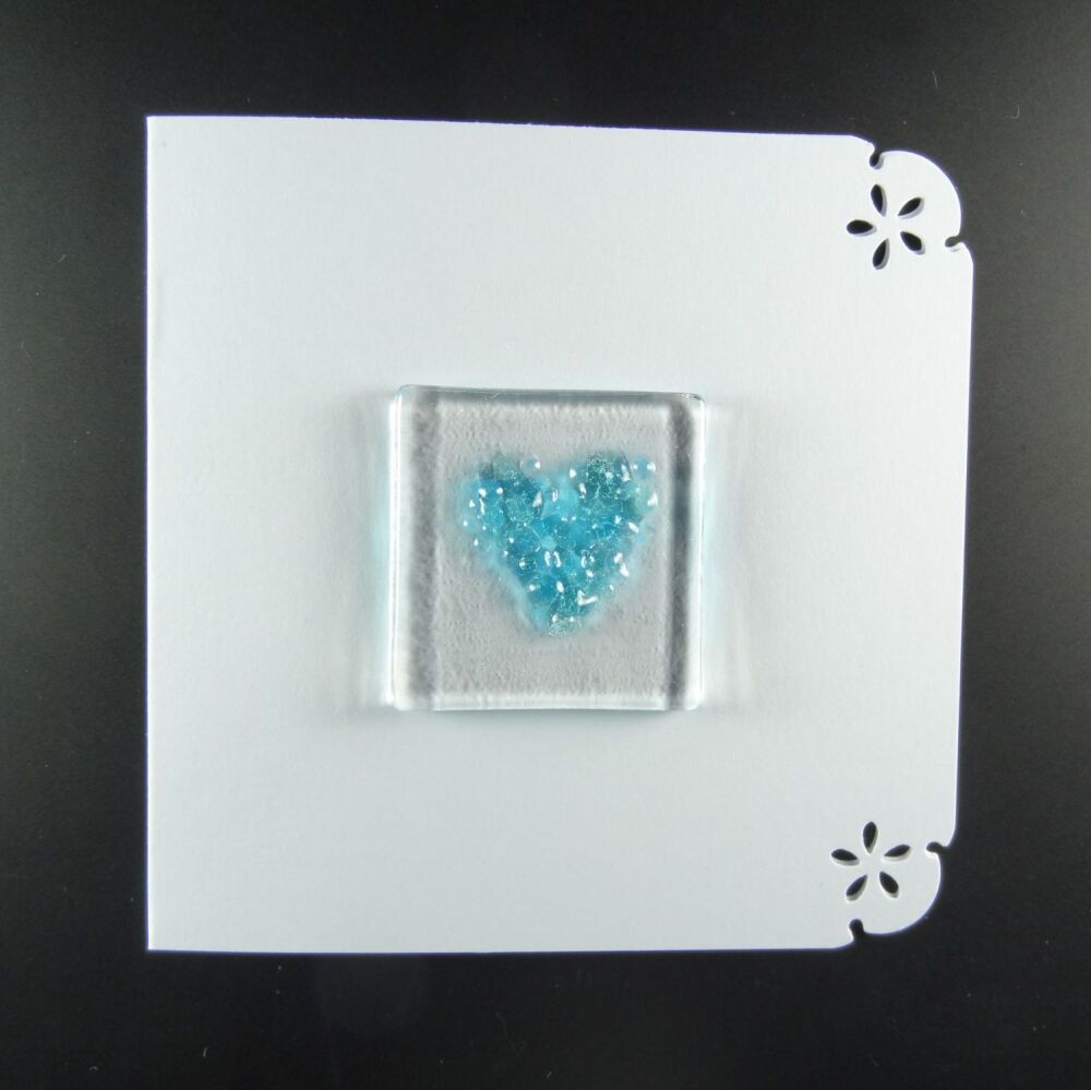 Handcrafted fused glass art greeting card, any occasion ~ pale blue heart ~ 4x4 inch card, 1.5 inch (+/-) glass (#655)