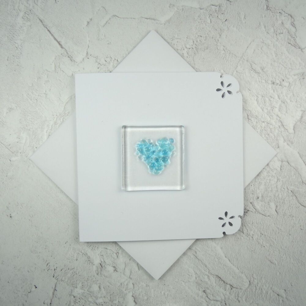 Handcrafted fused glass art greeting card, any occasion ~ pale blue heart ~ 4x4 inch card, 1.5 inch (+/-) glass (#655)