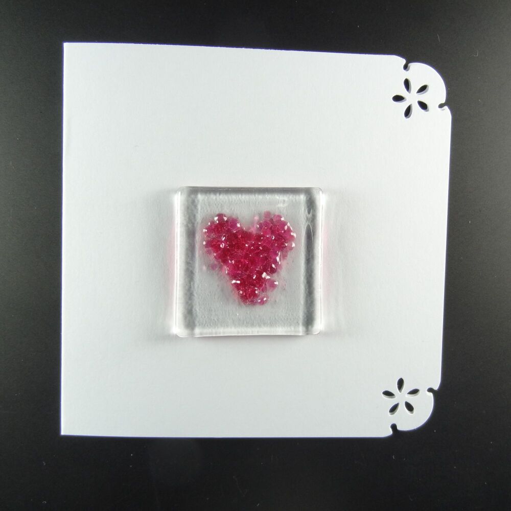 Handcrafted fused glass art greeting card, any occasion ~ pink heart ~ 4x4 inch card, 1.5 inch (+/-) glass (#648)