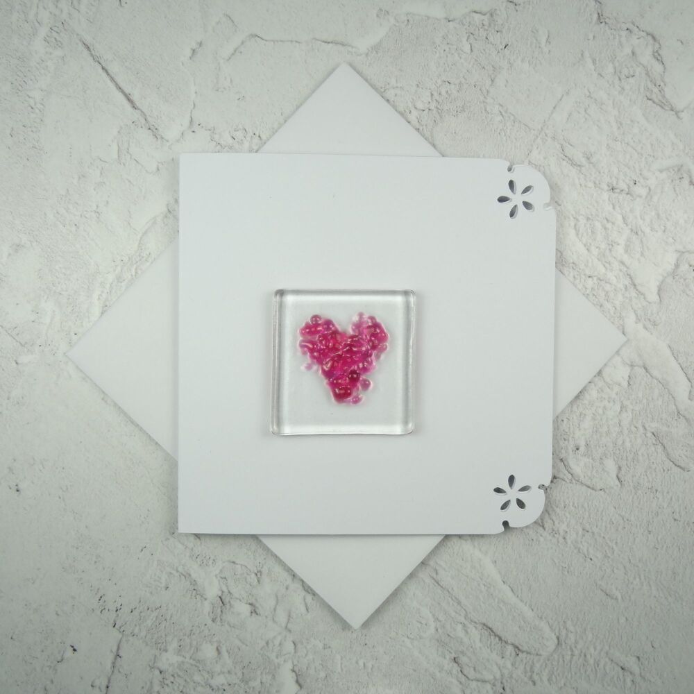 Handcrafted fused glass art greeting card, any occasion ~ pink heart ~ 4x4 inch card, 1.5 inch (+/-) glass (#648)