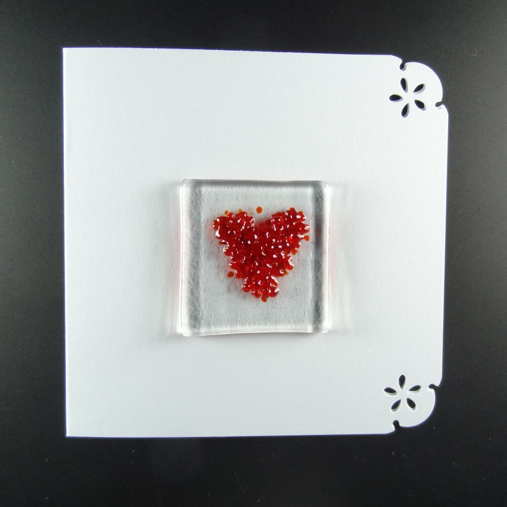 Handcrafted fused glass art greeting card, any occasion ~ red heart ~ 4x4 inch card, 1.5 inch (+/-) glass (#657)