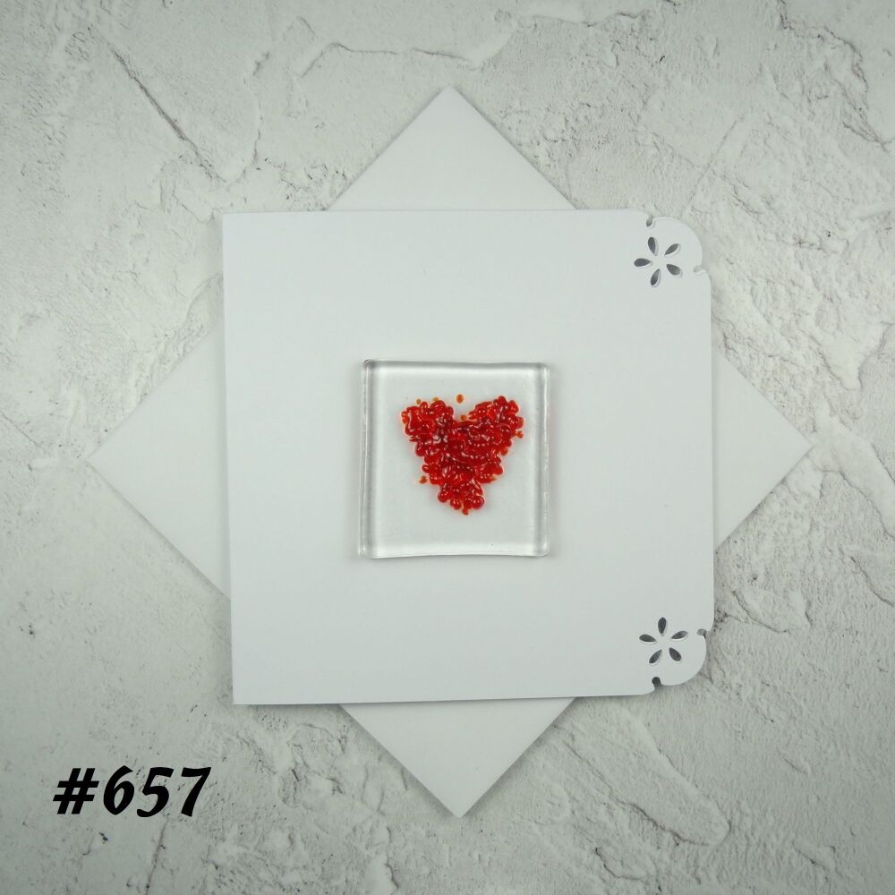 Handcrafted fused glass art greeting card, any occasion ~ red heart ~ 4x4 inch card, 1.5 inch (+/-) glass (#657)