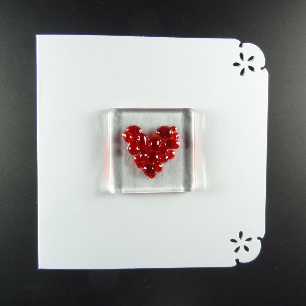 Handcrafted fused glass art greeting card, any occasion ~ red heart ~ 4x4 inch card, 1.5 inch (+/-) glass (#667)