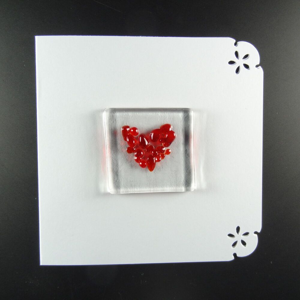 Handcrafted fused glass art greeting card, any occasion ~ red heart ~ 4x4 inch card, 1.5 inch (+/-) glass (#677)