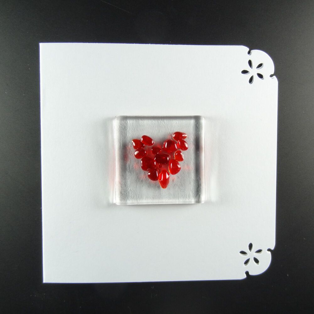 Handcrafted fused glass art greeting card, any occasion ~ red heart ~ 4x4 inch card, 1.5 inch (+/-) glass (#668)