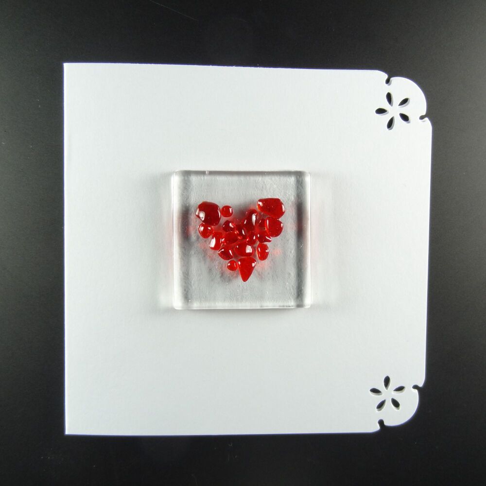 Handcrafted fused glass art greeting card, any occasion ~ red heart ~ 4x4 inch card, 1.5 inch (+/-) glass (#674)