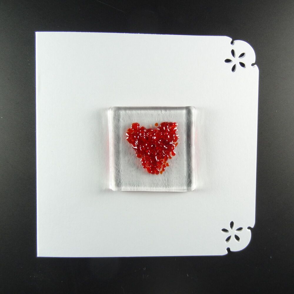 Handcrafted fused glass art greeting card, any occasion ~ red heart ~ 4x4 inch card, 1.5 inch (+/-) glass (#665)