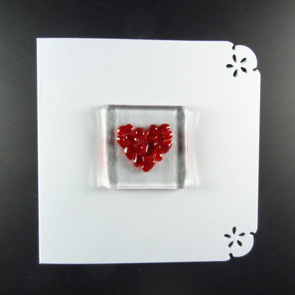 Handcrafted fused glass art greeting card, any occasion ~ red heart ~ 4x4 inch card, 1.5 inch (+/-) glass (#673)