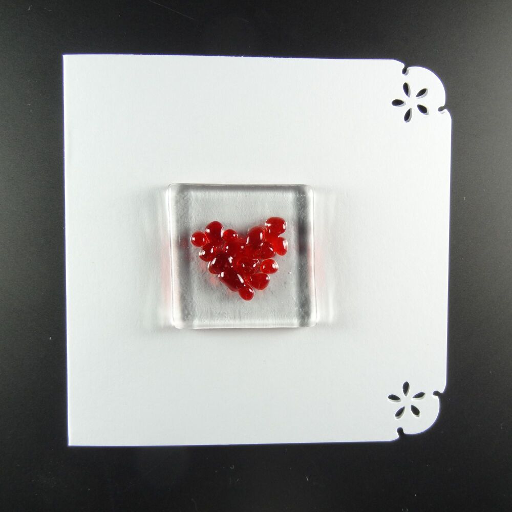 Handcrafted fused glass art greeting card, any occasion ~ red heart ~ 4x4 inch card, 1.5 inch (+/-) glass (#670)