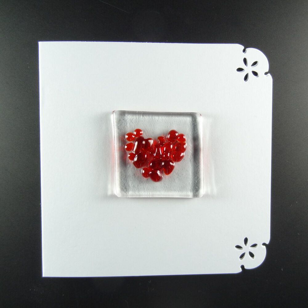 Handcrafted fused glass art greeting card, any occasion ~ red heart ~ 4x4 inch card, 1.5 inch (+/-) glass (#680)