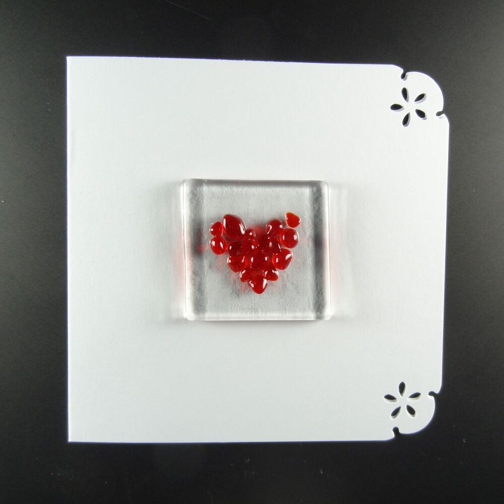 Handcrafted fused glass art greeting card, any occasion ~ red heart ~ 4x4 inch card, 1.5 inch (+/-) glass (#683)