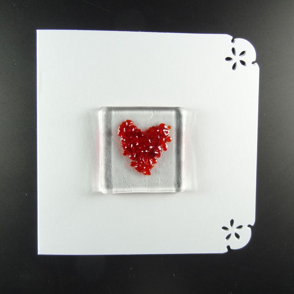 Handcrafted fused glass art greeting card, any occasion ~ red heart ~ 4x4 inch card, 1.5 inch (+/-) glass (#643)