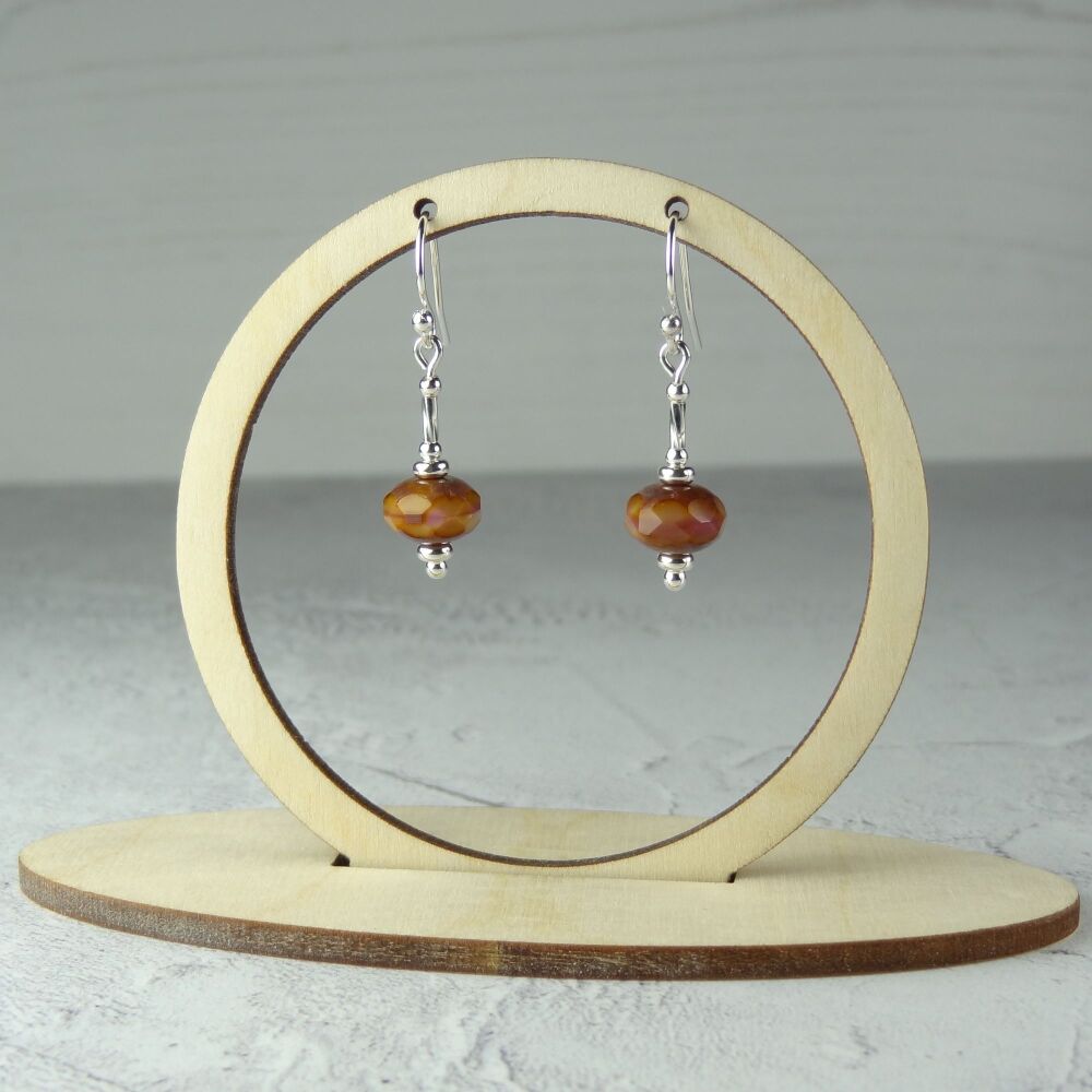 Sterling silver toffee/caramel rondelle Czech glass drop earrings