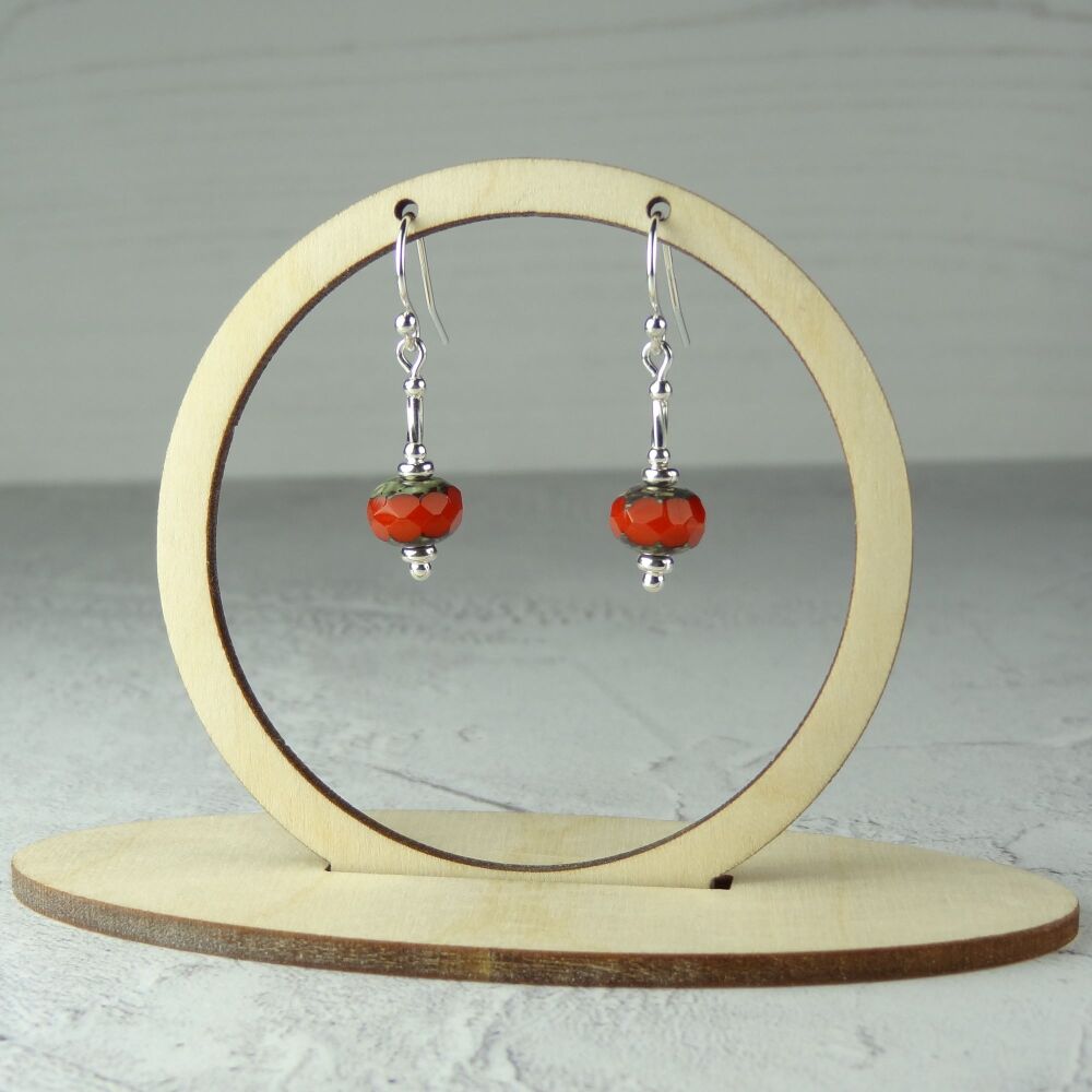 Sterling silver red rustic picasso rondelle Czech glass drop earrings,  in a gift box (#R-1)