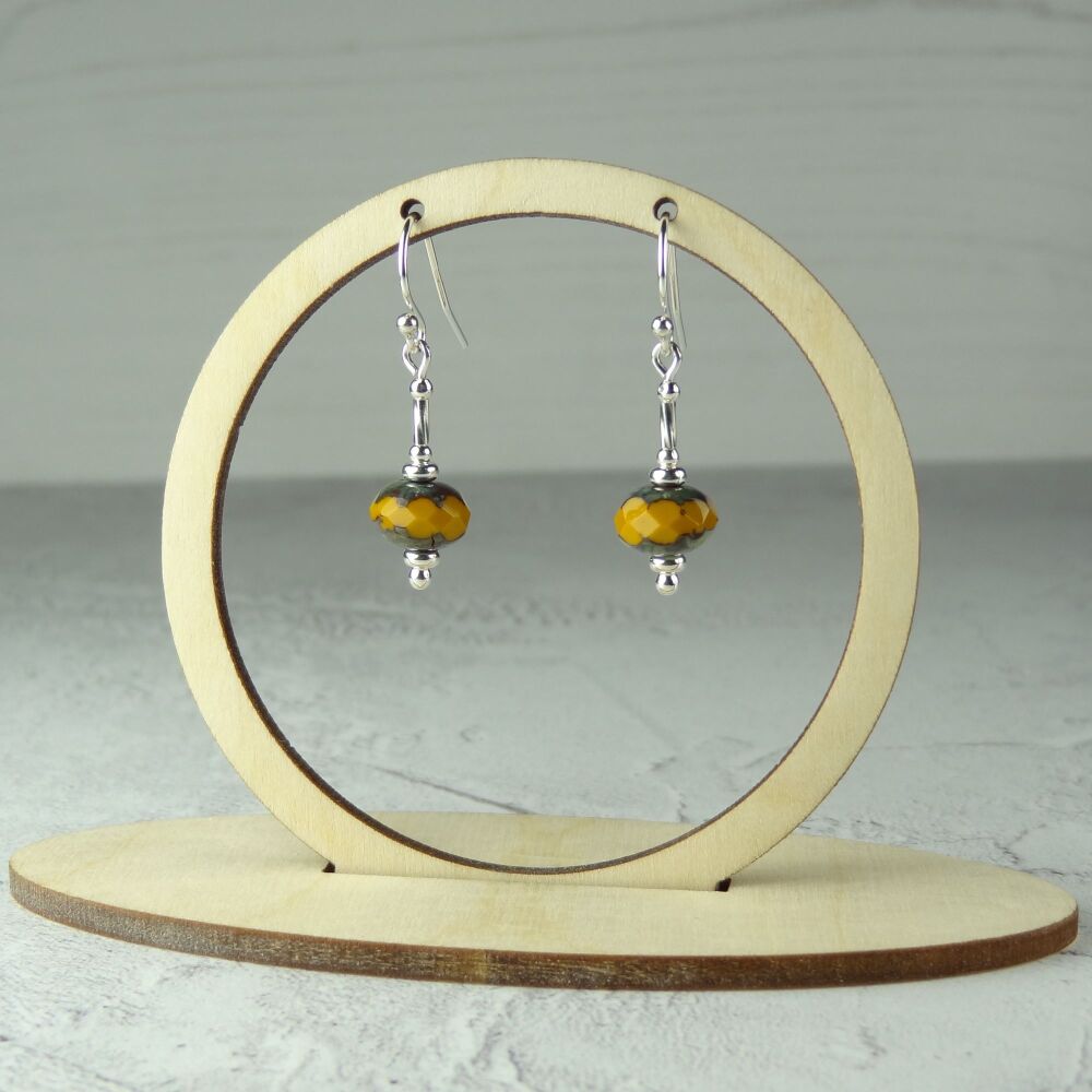 Sterling silver mustard yellow rustic picasso rondelle Czech glass drop earrings,  in a gift box (#Y-1)