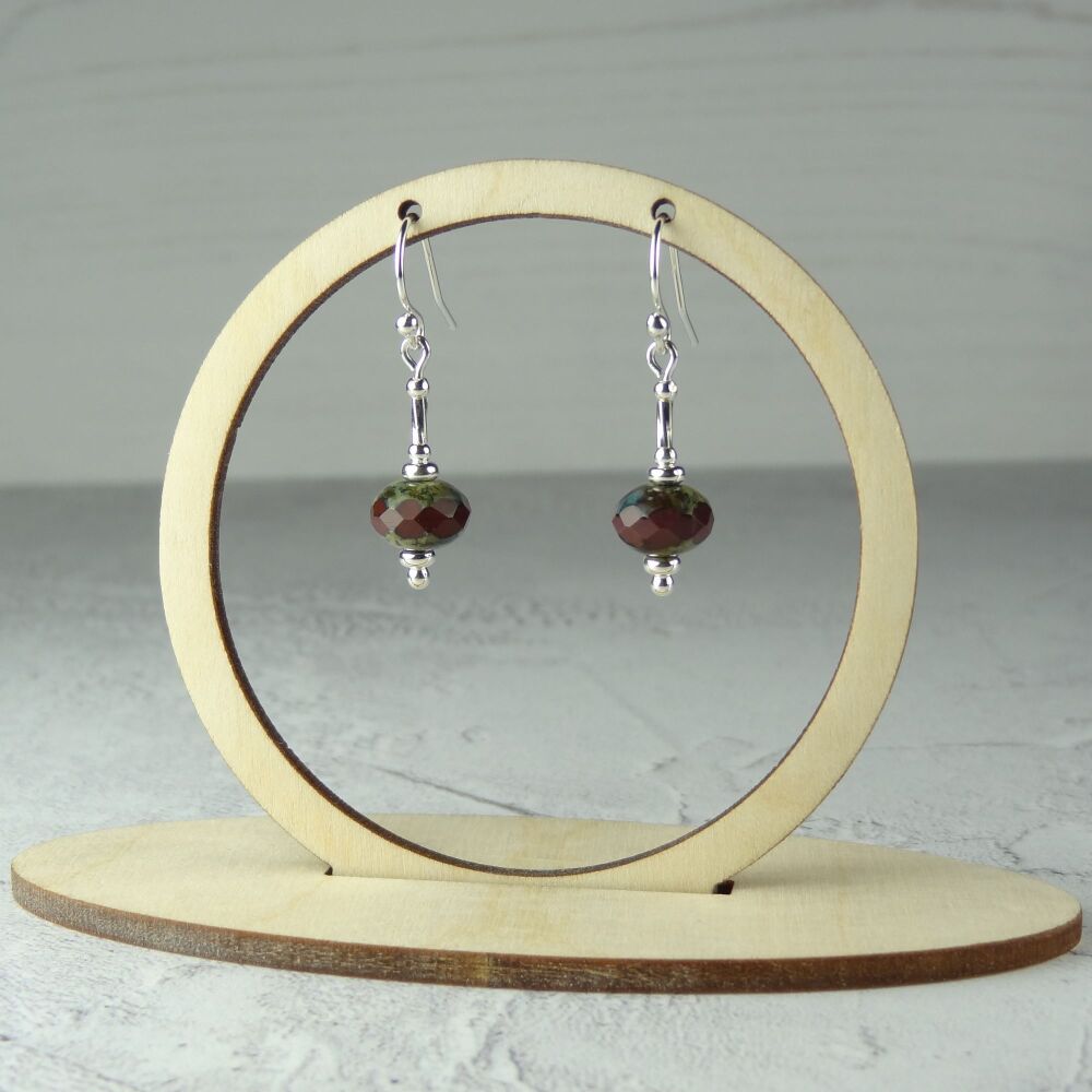 Sterling silver dark red rustic picasso rondelle Czech glass drop earrings,  in a gift box (#DR-1)