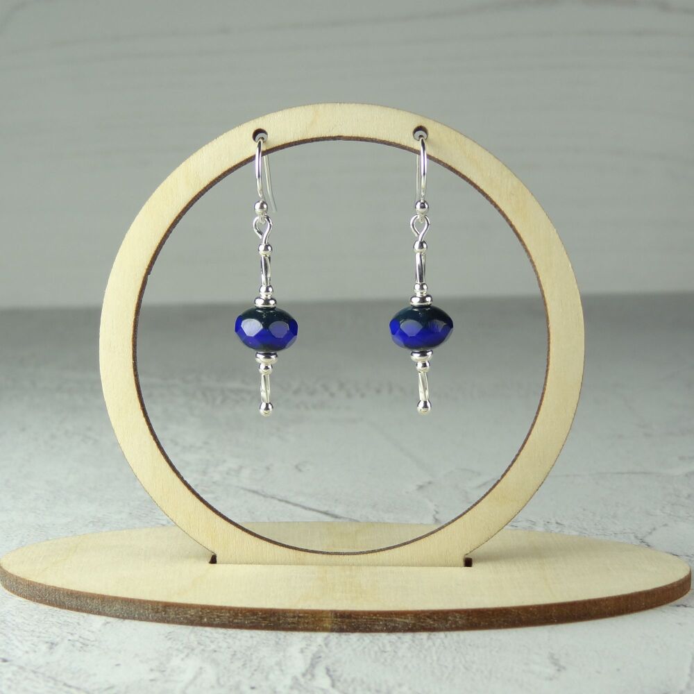 Sterling silver blue rustic picasso rondelle Czech glass drop earrings,  in a gift box (#B-1)