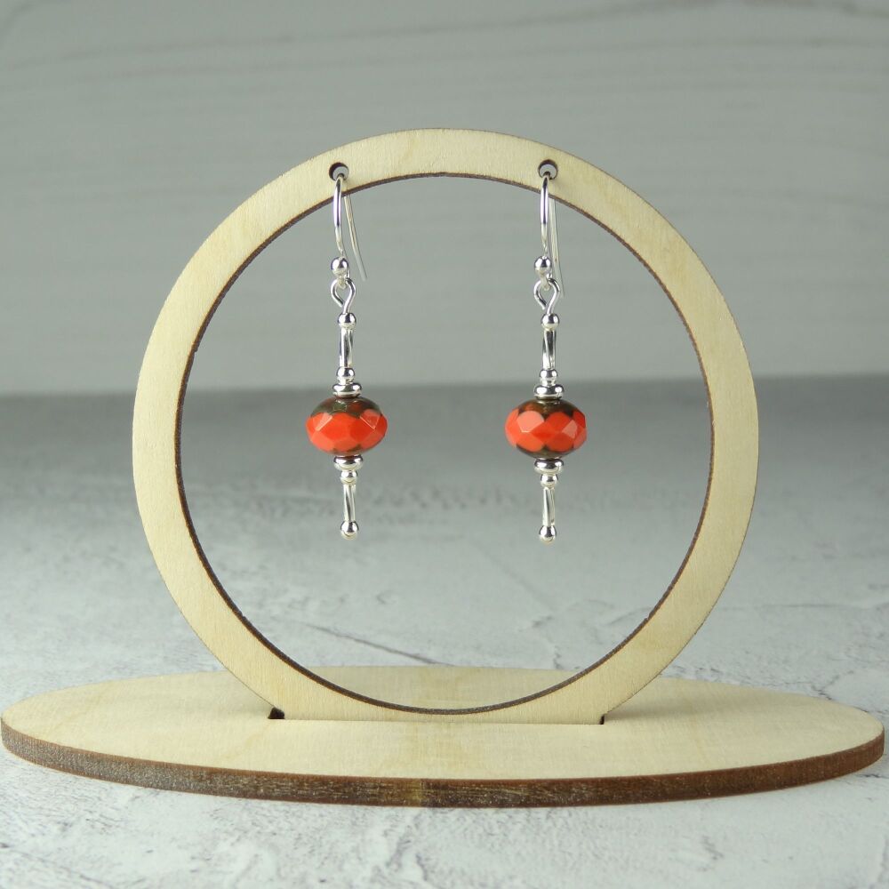 Sterling silver coral orange rustic picasso rondelle Czech glass drop earrings,  in a gift box (#C-1)