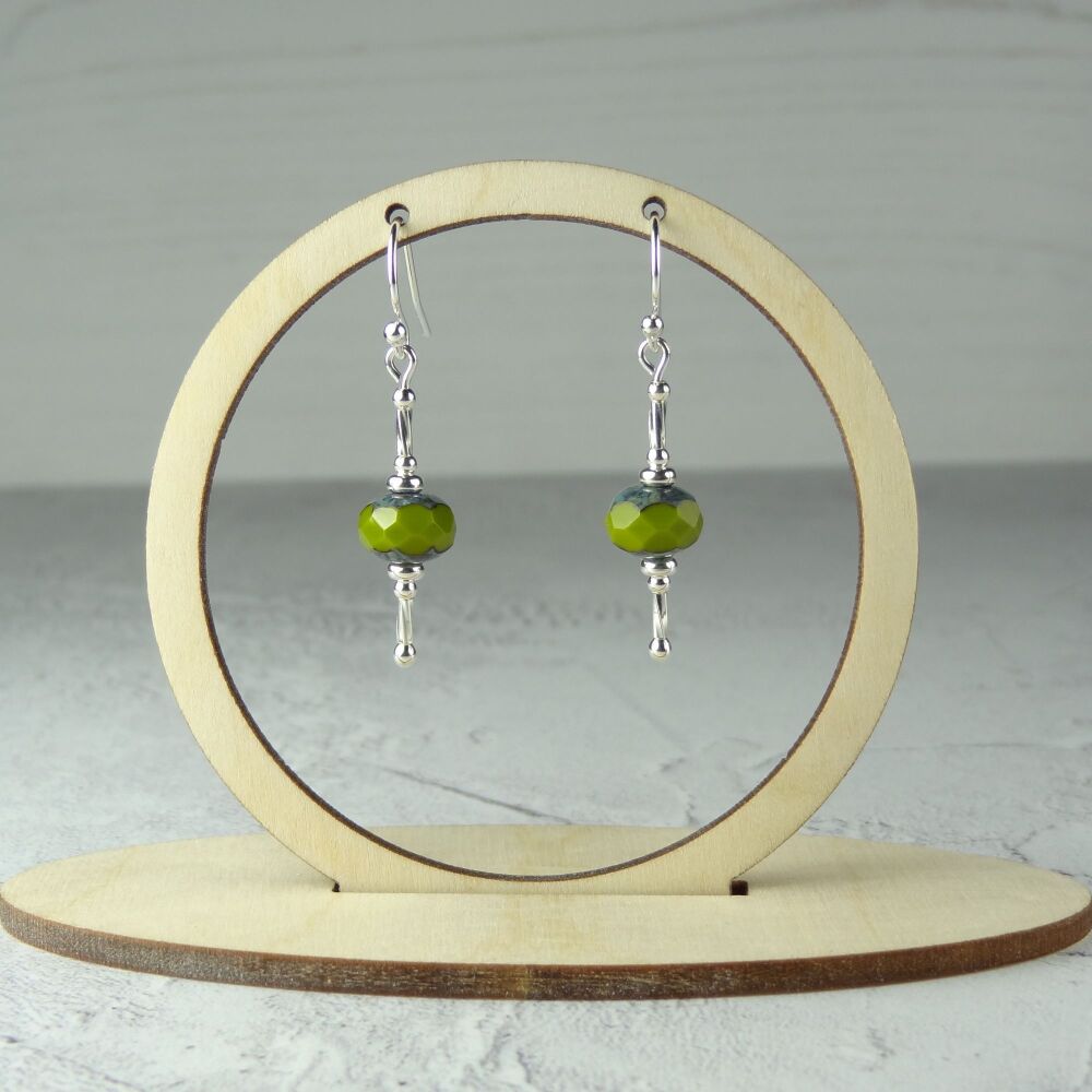 Sterling silver pistachio green rustic picasso rondelle Czech glass drop earrings,  in a gift box (#PG-1)