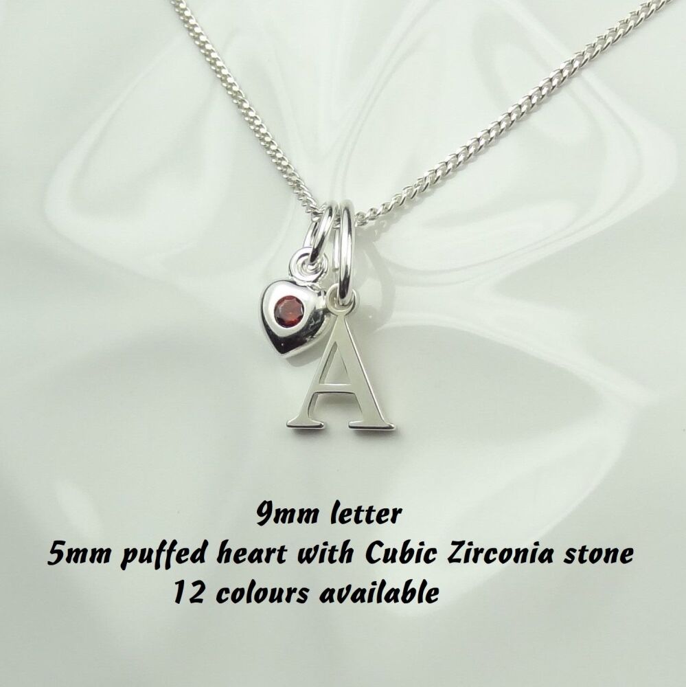 All letters available ~ personalised sterling silver 9mm letter & 5mm puffed heart with a Cubic Zirconia representation birthstone necklace, gift box