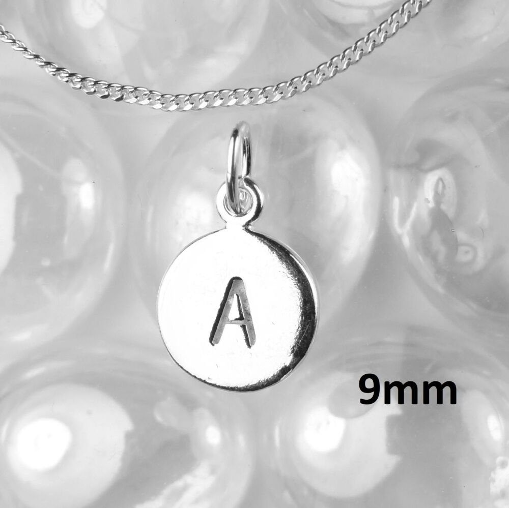 All letters available ~ sterling silver 9mm initial letter disc necklace - 16 or 18 inch fine curb chain - in a gift box