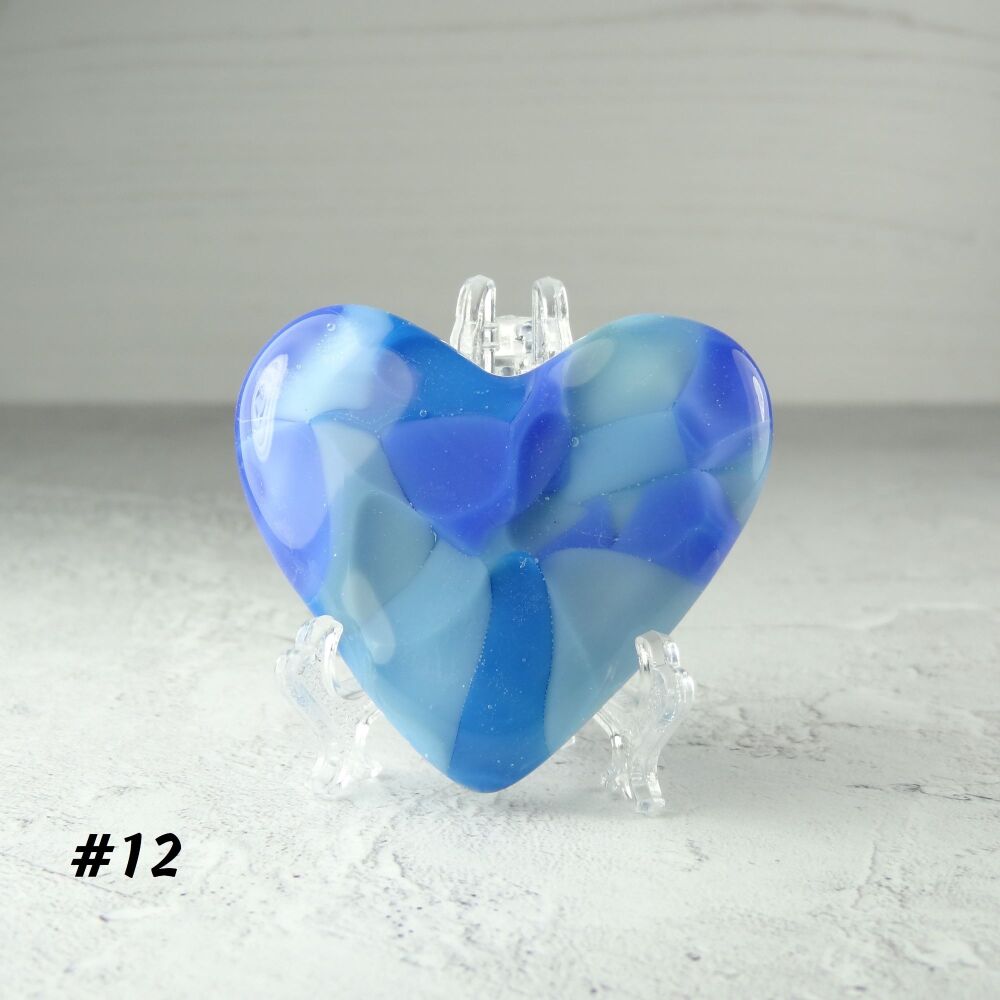 Handcrafted blue fused glass heart with a stand - 5 cm (+/-) heart (#12)