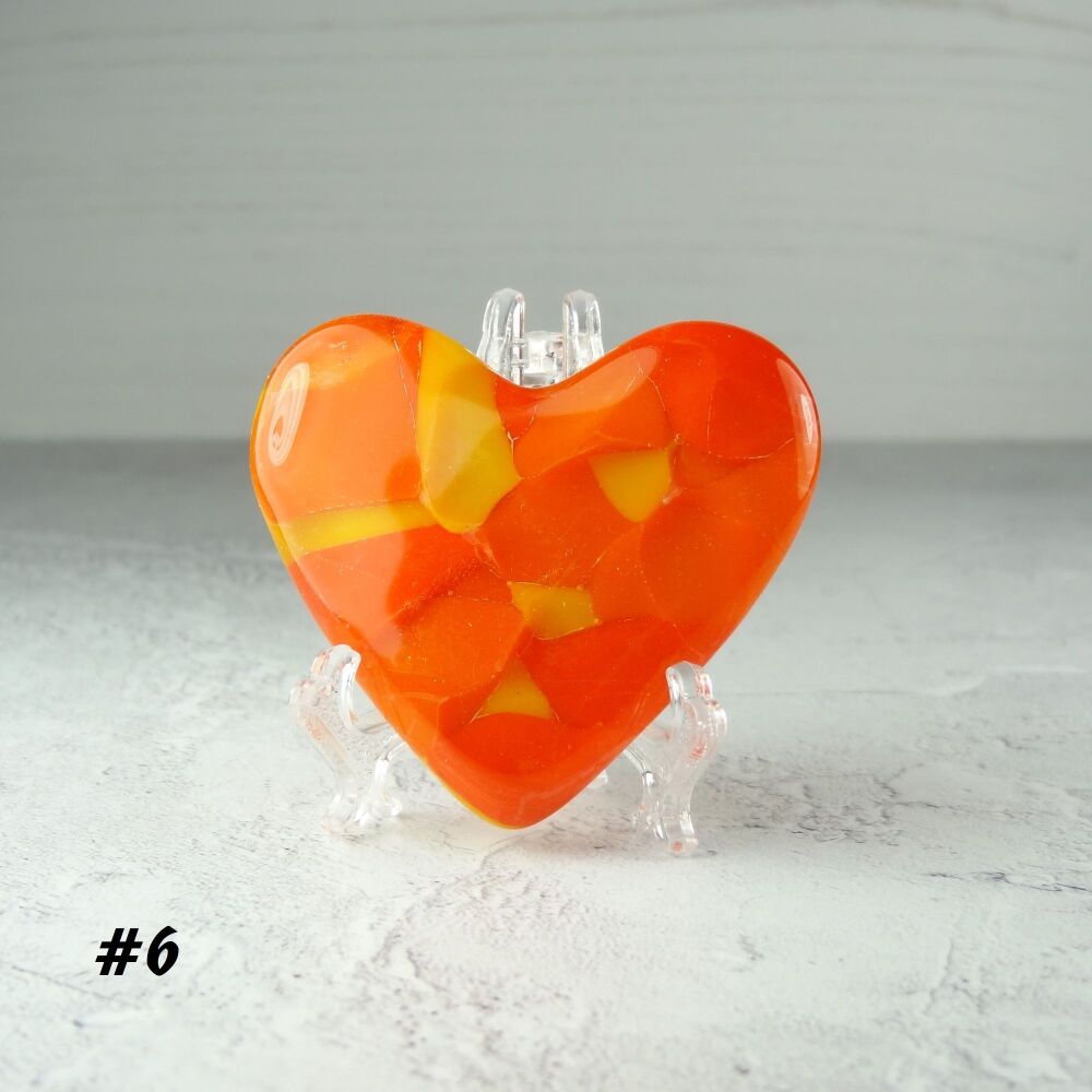 Handcrafted orange fused glass heart with a stand - 5 cm (+/-) heart (#6)