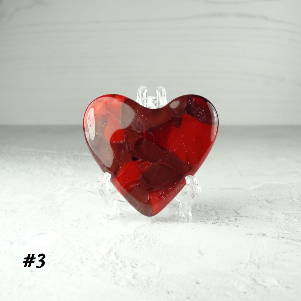 Handcrafted red fused glass heart with a stand - 5 cm (+/-) heart (#3)