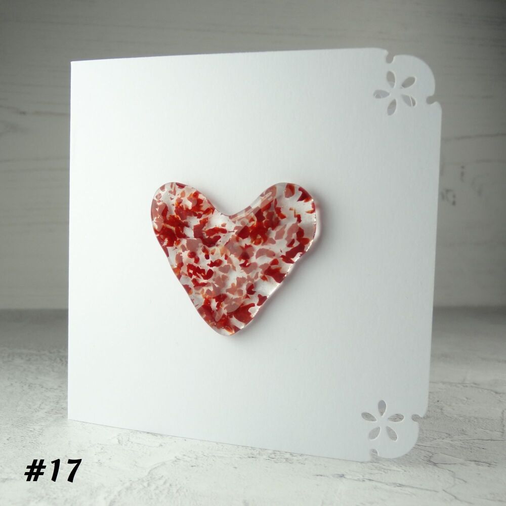 Handcrafted red fused glass heart greeting card any occasion love romance anniversary - 10cm card 4-4.5cm heart (#17)