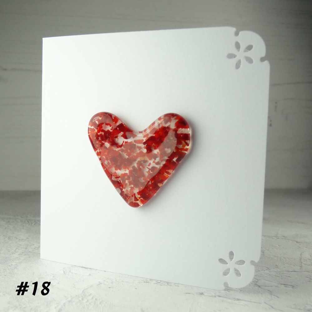 Handcrafted red fused glass heart greeting card any occasion love romance anniversary - 10cm card 4-4.5cm heart (#18)