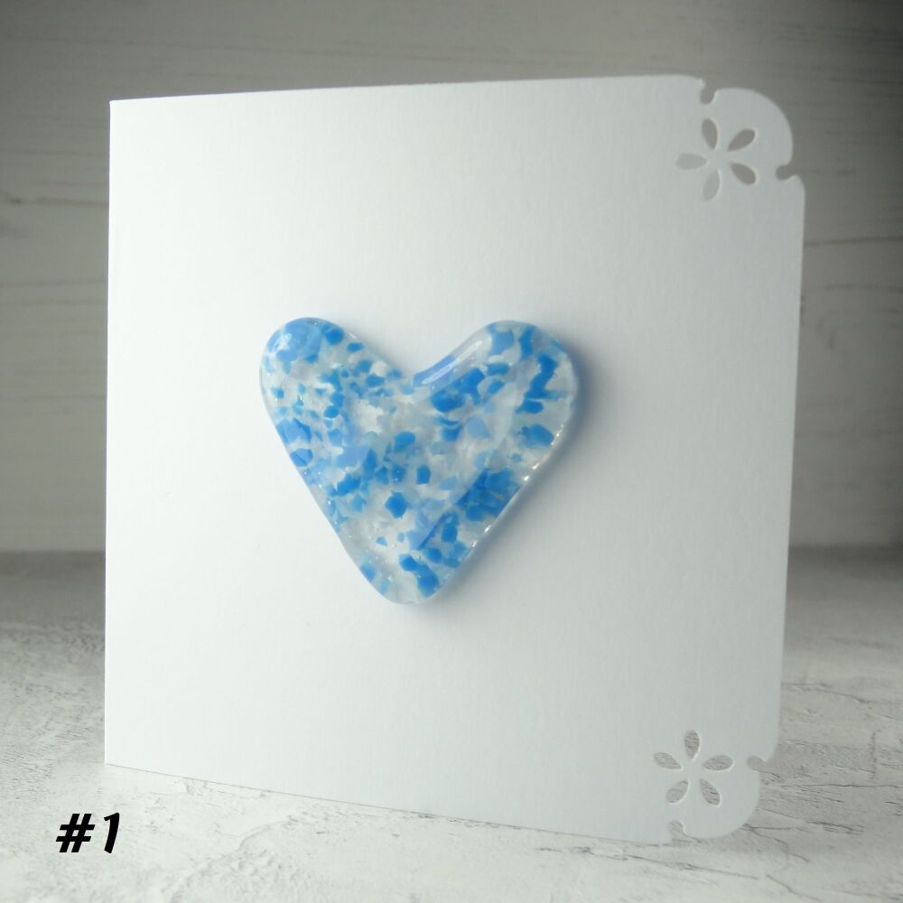 Handcrafted blue fused glass heart greeting card any occasion love romance 