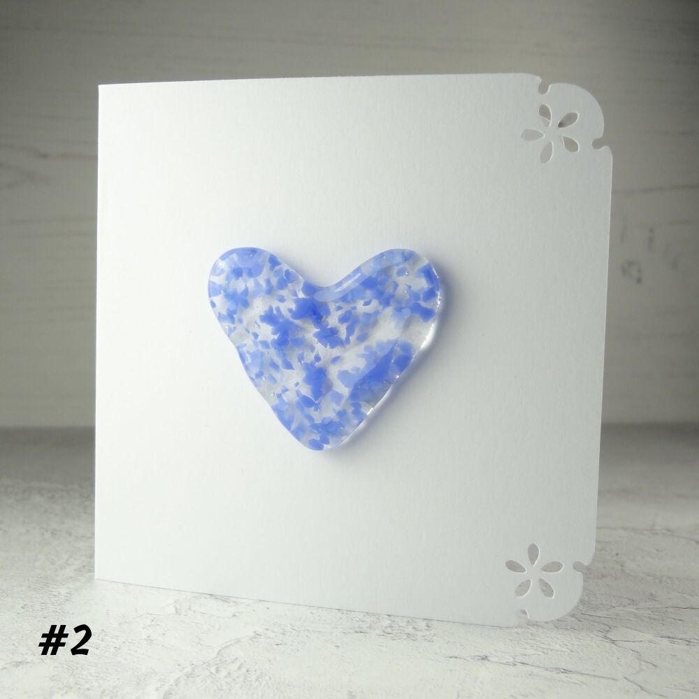 Handcrafted blue fused glass heart greeting card any occasion love romance 