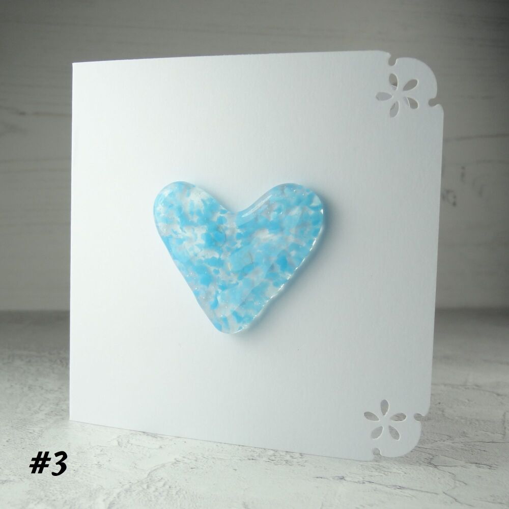 Handcrafted blue fused glass heart greeting card any occasion love romance 