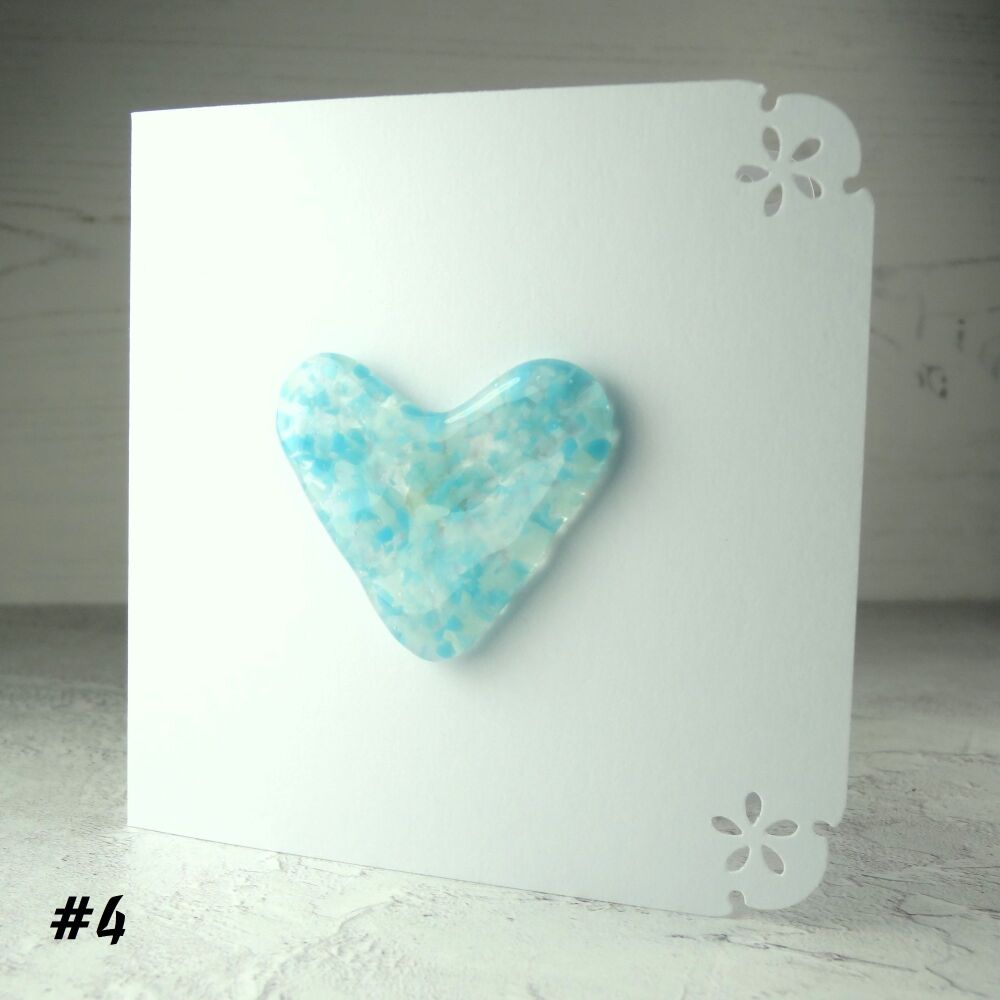 Handcrafted blue fused glass heart greeting card any occasion love romance anniversary - 10cm card 4-4.5cm heart (#4)