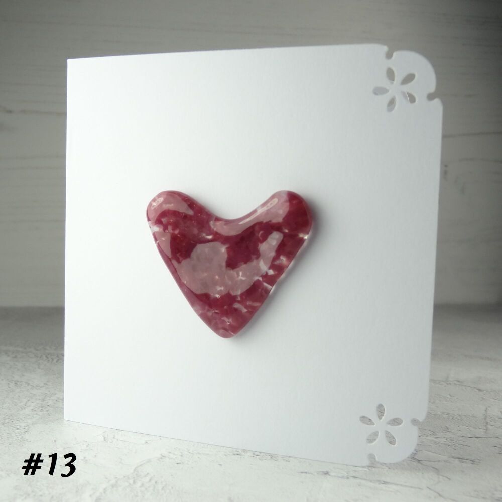 Handcrafted pink fused glass heart greeting card any occasion love romance anniversary - 10cm card 4-4.5cm heart (#13)