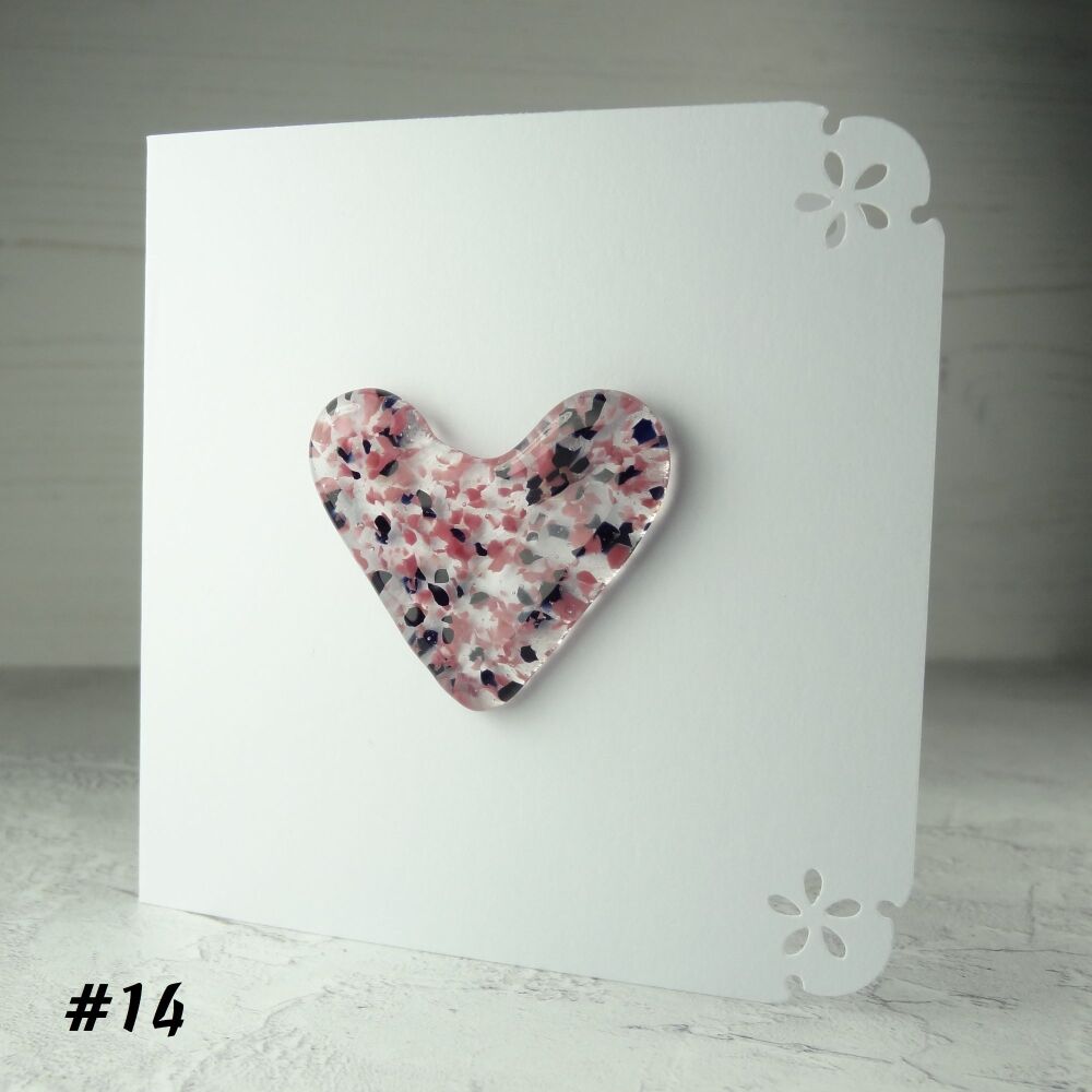 Handcrafted pink & blue-black fused glass heart blank greeting card love romance anniversary - 10cm card 4-4.5cm heart (#14)