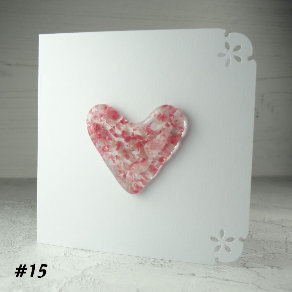 Handcrafted pink fused glass heart greeting card any occasion love romance anniversary - 10cm card 4-4.5cm heart (#15)