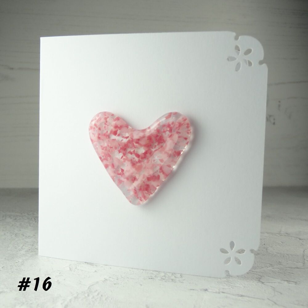 Handcrafted pink fused glass heart greeting card any occasion love romance anniversary - 10cm card 4-4.5cm heart (#16)