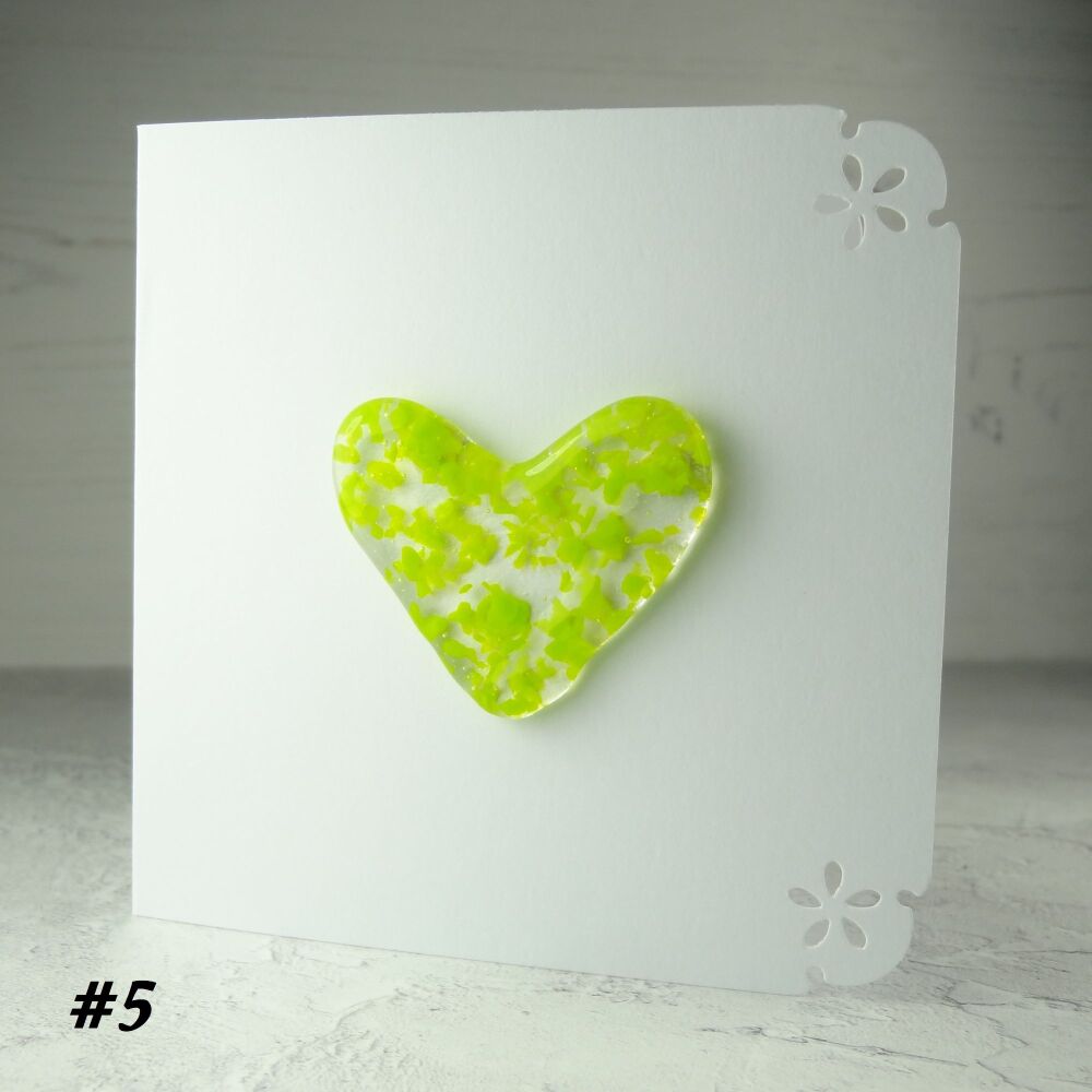 Handcrafted green fused glass heart greeting card any occasion love romance anniversary - 10cm card 4-4.5cm heart (#5)