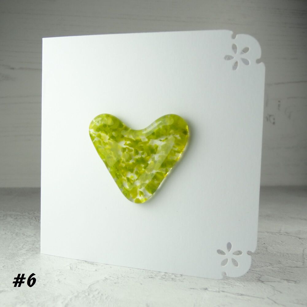 Handcrafted green fused glass heart greeting card any occasion love romance anniversary - 10cm card 4-4.5cm heart (#6)