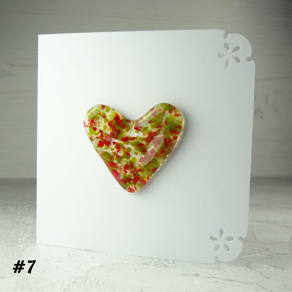 Handcrafted green & red fused glass heart greeting card any occasion love romance anniversary - 10cm card 4-4.5cm heart (#7)