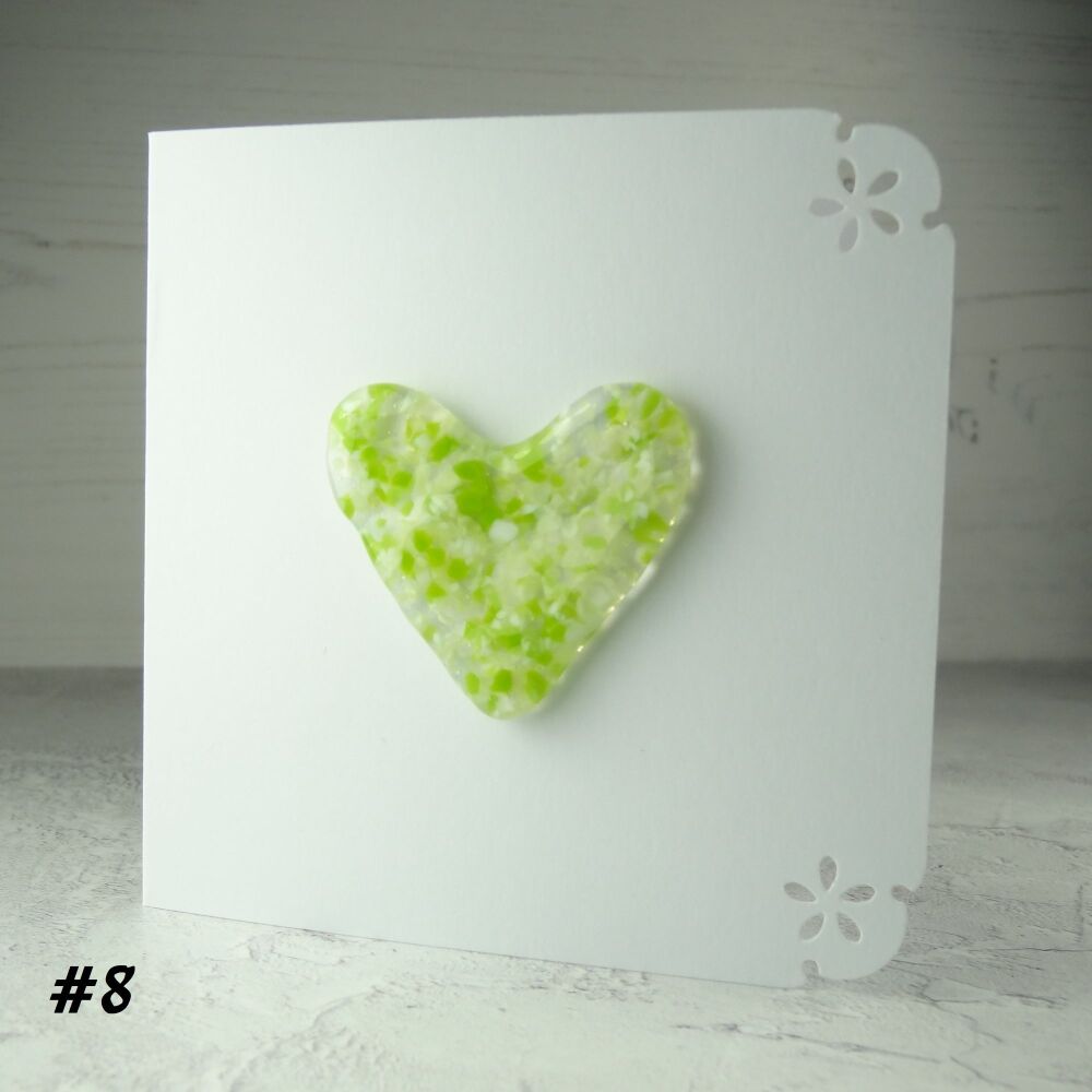 Handcrafted green fused glass heart greeting card any occasion love romance anniversary - 10cm card 4-4.5cm heart (#8)