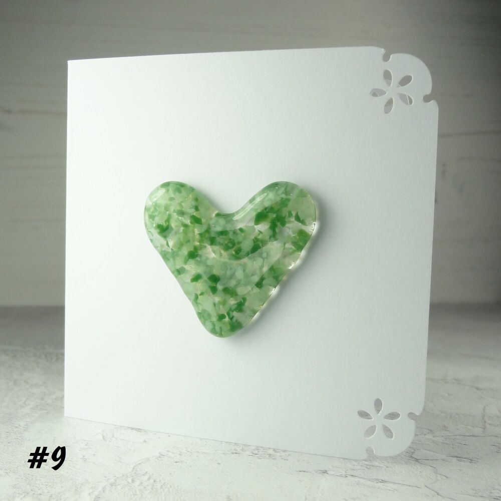 Handcrafted green fused glass heart greeting card any occasion love romance anniversary - 10cm card 4-4.5cm heart (#9)