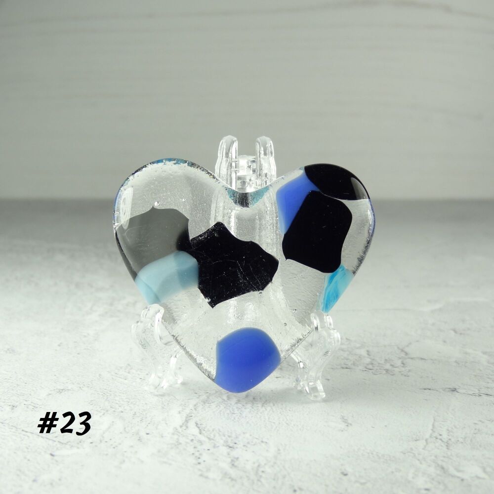 Handcrafted blue & black fused glass heart with a stand - 5 cm (+/-) heart (#23)